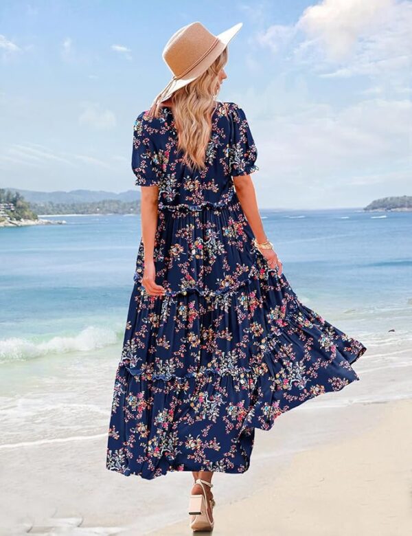 YESNO Summer Casual Bohemian Floral Dresses for Women Puff Short Sleeve Long Maxi Dress with Pockets ETX - Image 2