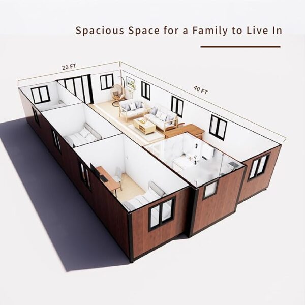 40FT Tiny House to Live in,Portable Prefab House with 3 Bedroom,1 Full Equiped Bathroom and Kitchen,Prefabricated Container House for Adults Living,Foldable Mobile Home with Steel Frame - Image 6