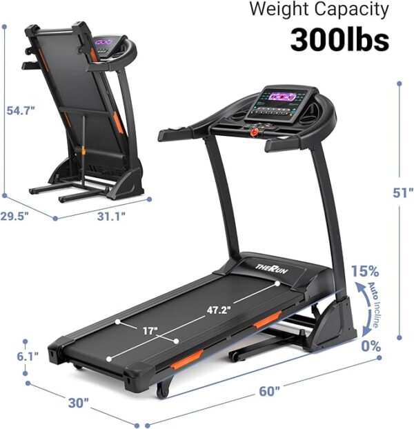 THERUN Incline Treadmill for Running and Walking, 300 lbs Weight Capacity Folding Treadmill with 0-15% Auto Incline, Wide Belt, 3.5HP, App, Heart Rate - Image 2