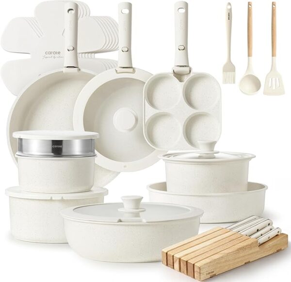 CAROTE 33pcs Pots and Pans Set Non Stick, Cookware Set, Removable Handle Pots and Pans Nonstick, RV Oven Safe Cookware, Induction Kitchen Cookware Set, Knife Set, Cream White