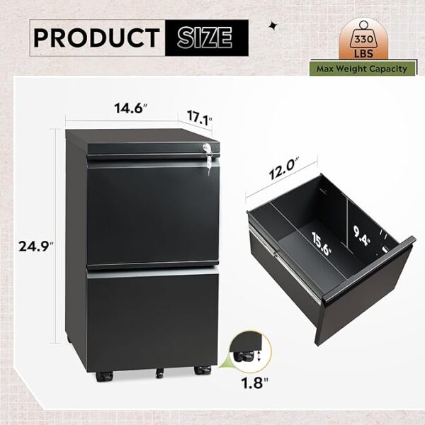 DEVAISE 2 Drawer Metal File Cabinet, Fully Assembled, Under Desk, Black, Lock, Fits Letter/Legal/A4 Size Files - Image 2