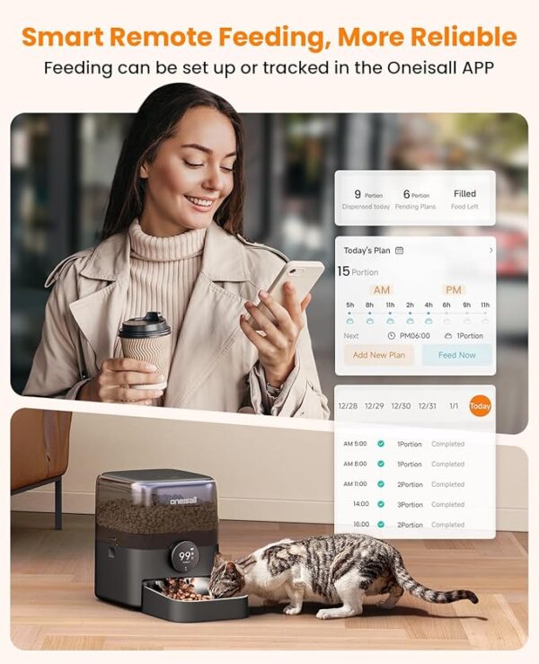 oneisall Automatic Cat Feeder, WiFi Rechargeable Cordless Pet Feeder, 100 Day Battery Operated Pet Feeder, 3L Timed Cat Food Dispenser for Large Kibble, Smart App Control, Black - Image 5