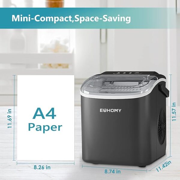 EUHOMY Countertop Ice Maker Machine with Handle, 26lbs in 24Hrs, 9 Ice Cubes Ready in 6 Mins, Auto-Cleaning Portable Ice Maker with Basket and Scoop, for Home/Kitchen/Camping/RV. (Black) - Image 2
