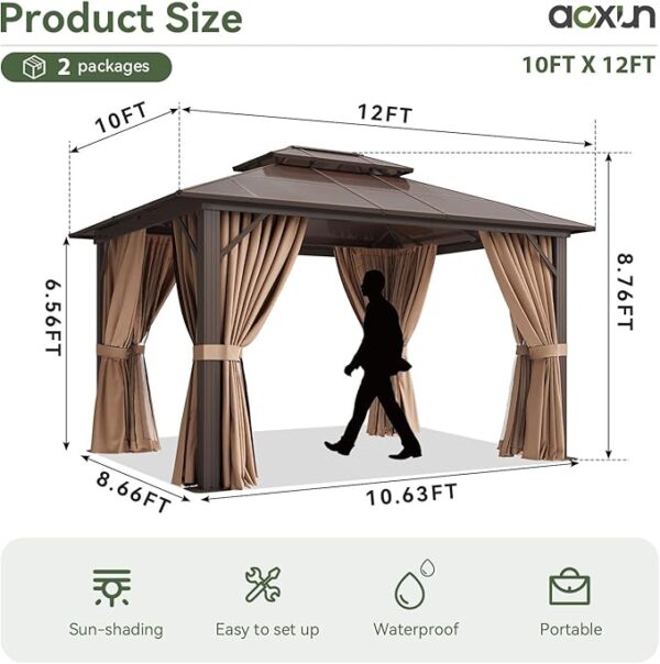 Aoxun 12'x10' Hardtop Gazebo, Aluminum Frame Permanent Pavilion with Curtains and Netting, Outdoor Polycarbonate Double Roof Canopy, Designed for Garden, Lawns, Patio, Brown - Image 7