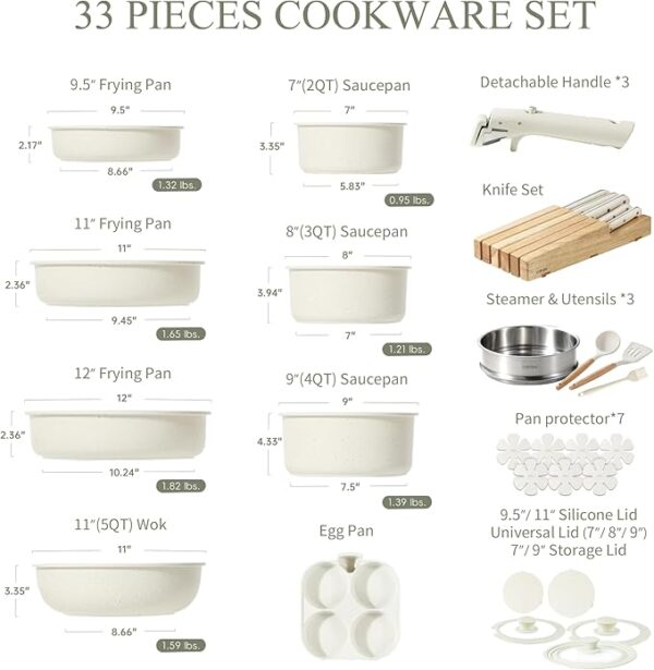 CAROTE 33pcs Pots and Pans Set Non Stick, Cookware Set, Removable Handle Pots and Pans Nonstick, RV Oven Safe Cookware, Induction Kitchen Cookware Set, Knife Set, Cream White - Image 7