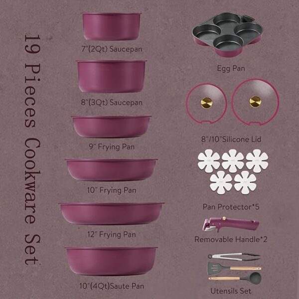 CAROTE 19pcs Pots and Pans Set, Nonstick Cookware Set Detachable Handle, Induction Kitchen Cookware Sets Non Stick with Removable Handle, RV Cookware Set, Gold and Purple - Image 7