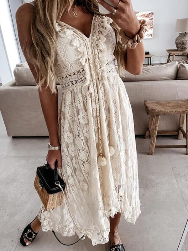 CUPSHE Women's Summer Dresses Sleeveless Lace Casual Tassel Beach Spaghetti Straps Flowy Maxi Sun Dress - Image 3