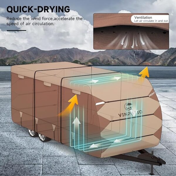 Oxford Fabric Travel Trailer RV Cover, Toy Hauler Cover Fits 27'-30' RV Heavy Duty 300D Ripstop Anti-UV Waterproof Windproof Camper Cover with Tongue Jack Cover, Extra Ropes, Brown - Image 6
