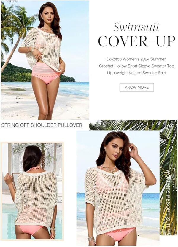 Dokotoo Womens Summer Scoop Neck Short Sleeve Sweater Casual Crochet Hollow Out Knit Tops Pullover Shirts Beach Coverup - Image 5