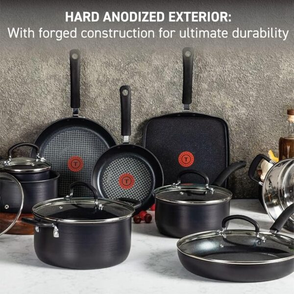 T-fal Ultimate Hard Anodized Nonstick Cookware Set 14 Piece, Oven Broiler Safe 400F, Lid Safe 350F, Kitchen Cooking Set w/Fry Pans, Saucepans, Griddle, Dutch Oven, Pots & Pans, Dishwasher Safe, Black - Image 4