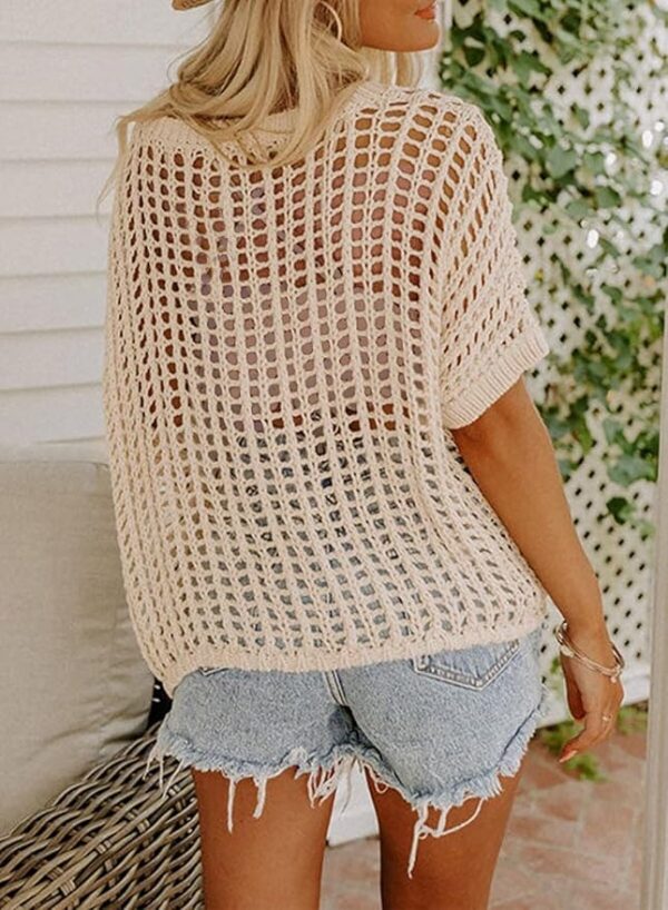 Dokotoo Womens Summer Scoop Neck Short Sleeve Sweater Casual Crochet Hollow Out Knit Tops Pullover Shirts Beach Coverup - Image 4