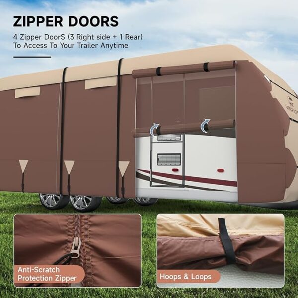 Oxford Fabric Travel Trailer RV Cover, Toy Hauler Cover Fits 27'-30' RV Heavy Duty 300D Ripstop Anti-UV Waterproof Windproof Camper Cover with Tongue Jack Cover, Extra Ropes, Brown - Image 4