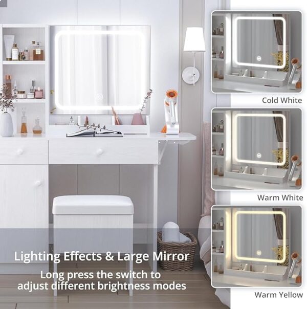IRONCK Vanity Desk with LED Lighted Mirror & Power Outlet, Makeup Table with Drawers & Cabinet,Storage Stool,Dressing Table for Bedroom, White - Image 4