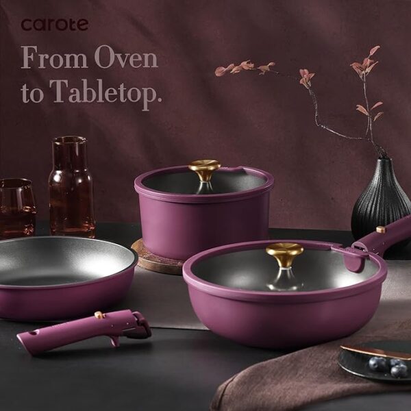CAROTE 19pcs Pots and Pans Set, Nonstick Cookware Set Detachable Handle, Induction Kitchen Cookware Sets Non Stick with Removable Handle, RV Cookware Set, Gold and Purple - Image 5