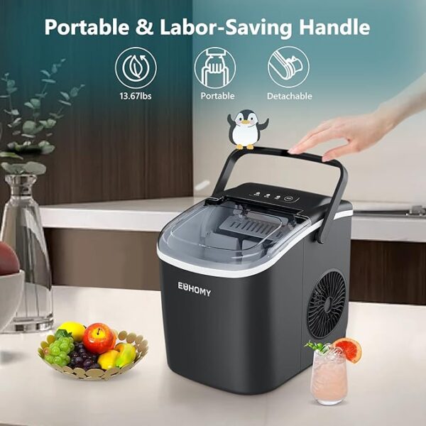 EUHOMY Countertop Ice Maker Machine with Handle, 26lbs in 24Hrs, 9 Ice Cubes Ready in 6 Mins, Auto-Cleaning Portable Ice Maker with Basket and Scoop, for Home/Kitchen/Camping/RV. (Black) - Image 3