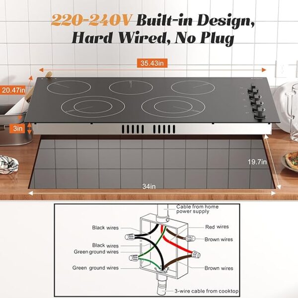Karinear 36 Inch Electric Cooktop 5 Burners, Knob Control Built-in Ceramic Cooktop, 36" Radiant Electric Stove Top, Over-Temperature Protection, Hot Surface Indicator, 220-240v, Hard Wire, No Plug - Image 2