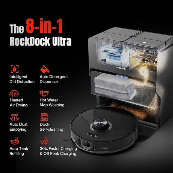 roborock S8 MaxV Ultra Robot Vacuum & Sonic Mop, 10000 Pa Suction, Corner to Edge Deep Cleaning, Hot Air Self-Drying, Auto Empty & Refill, Detergent Dispenser, Obstacle Avoidance, Black - Image 4