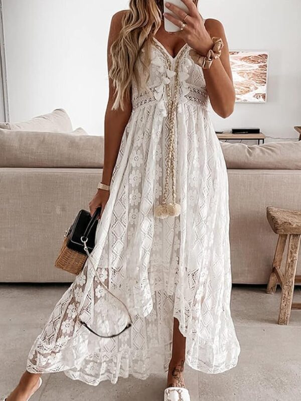 CUPSHE Women's Summer Dresses Sleeveless Lace Casual Tassel Beach Spaghetti Straps Flowy Maxi Sun Dress - Image 4