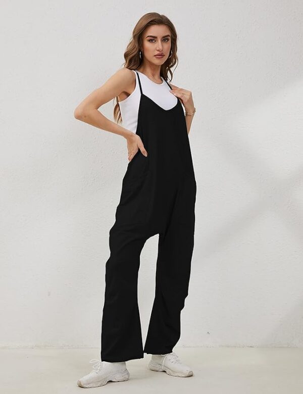 Lentta Women's Causal Jumpsuits V Neck Sleeveless Harem Overalls Stretchy Adjustable Strap Romper with Pockets - Image 3