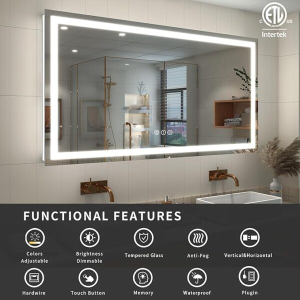 LED Bathroom Mirror for Wall 60x38, Large Lighted Vanity Mirror with Lights, Dimmable, Anti-Fog, Shatter-Proof, ETL Listed (Front + Backlit) - Image 3