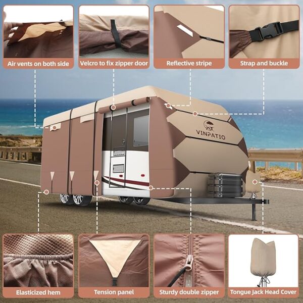 Oxford Fabric Travel Trailer RV Cover, Toy Hauler Cover Fits 27'-30' RV Heavy Duty 300D Ripstop Anti-UV Waterproof Windproof Camper Cover with Tongue Jack Cover, Extra Ropes, Brown - Image 3