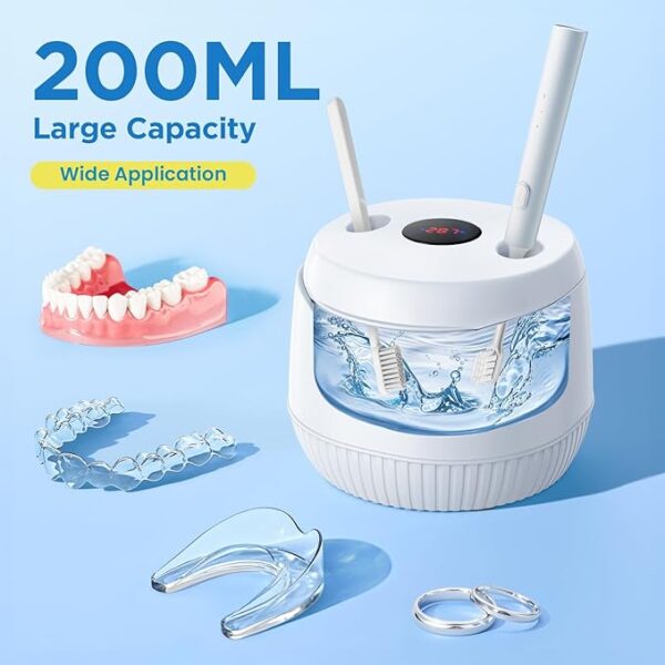 Dental Ultrasonic Retainer Cleaner Machine - Dental Cleaning Pod for Denture, Mouth Guard, Aligner, Night Guard, Braces, Toothbrush Heads, Jewelry, 45kHz Retainer Cleaner with Digital Timer & 200ML - Image 5