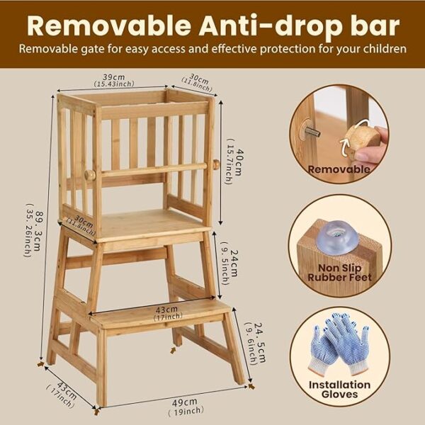 COSYLAND Kids Kitchen Step Stool，Toddler Standing Tower with CPC Certification, Removable Anti-Drop Railing Safety Rail Enjoys Unique Patented Design A Anti-tip Structure More Stable, Natural Bamboo - Image 5