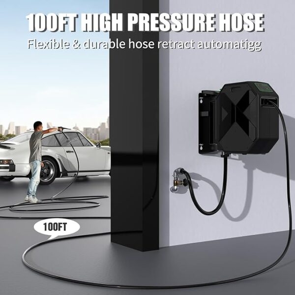 Buyplus Wall Mounted Pressure Washer, 5200PSI 3.2GPM Electric Power Washer, Remote Controlled with 100FT Retractable Hose, GFCI Power Cord, Foam Cannon, 5 Nozzles for Cars, Driveways, Patios, Black - Image 2