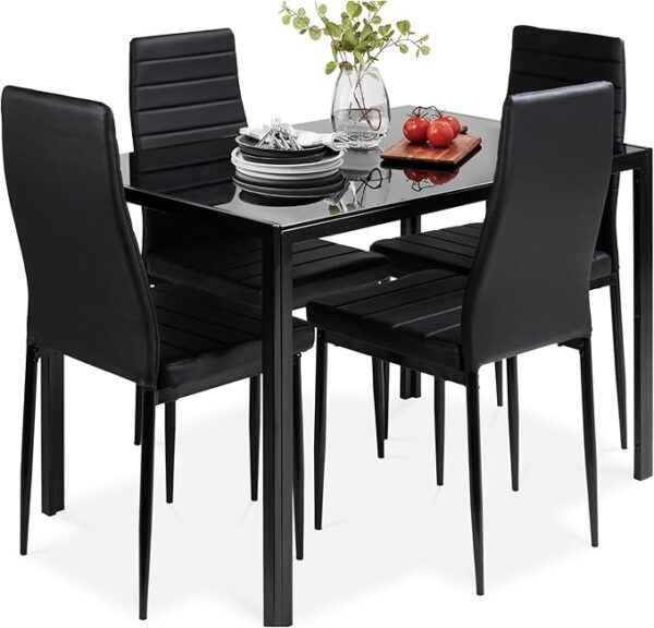 Best Choice Products 5-Piece Glass Dining Set, Modern Kitchen Table Furniture for Dining Room, Dinette, Compact Space-Saving w/Glass Tabletop, 4 Upholstered PU Chairs, Metal Steel Frame - Black