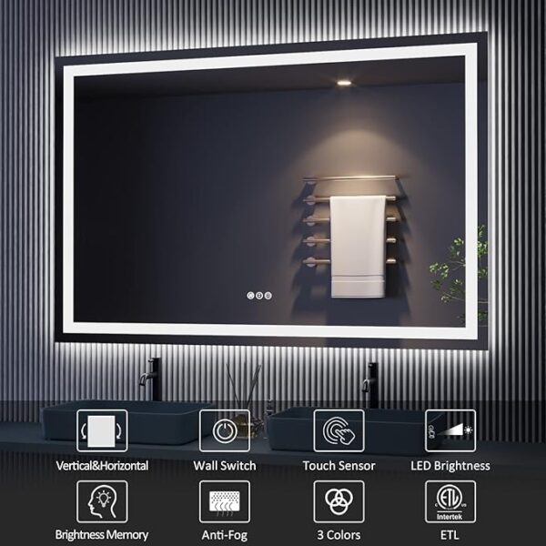 Amorho LED Bathroom Mirror 60'' X36'' with Front and Backlight, Large Dimmable Wall Mirrors with Anti-Fog, Shatter-Proof, Memory, 3 Colors, Double LED Vanity Mirror - Image 3