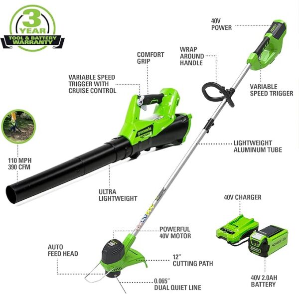 Greenworks 40V Lawn Care Combo Kit, Trimmer & Blower for Edging & Leaf Cleanup, 2.0Ah Battery & Charger (Gas-Free Yard Duo) - Image 2