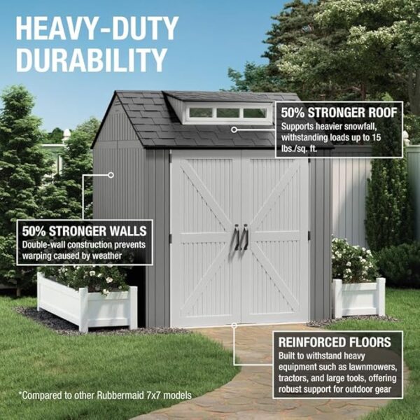 Rubbermaid Resin Outdoor Storage Shed With Floor (7 x 7 Ft), Weather Resistant, Gray, Organization for Home/Backyard/Garden Tools/Lawn Mower/Bike Storage/Pool Supplies - Image 3