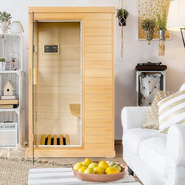 Far Infrared Sauna Home Sauna Spa Room Canadian Hemlock Wood 800W Indoor Saunas 110V with Control Panel and Tempered Glass Door, Room: 35.2 * 27.6 * 61.6Inch - Image 4