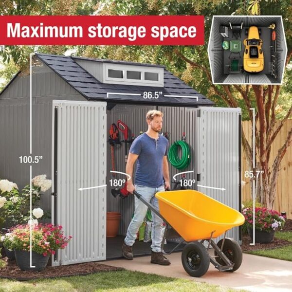 Rubbermaid Resin Outdoor Storage Shed With Floor (7 x 7 Ft), Weather Resistant, Gray, Organization for Home/Backyard/Garden Tools/Lawn Mower/Bike Storage/Pool Supplies - Image 4