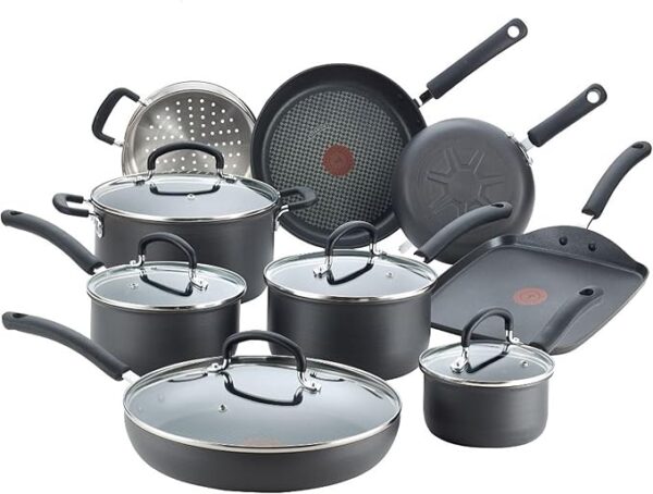 T-fal Ultimate Hard Anodized Nonstick Cookware Set 14 Piece, Oven Broiler Safe 400F, Lid Safe 350F, Kitchen Cooking Set w/Fry Pans, Saucepans, Griddle, Dutch Oven, Pots & Pans, Dishwasher Safe, Black