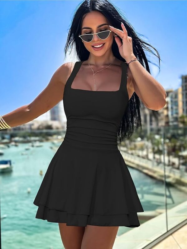 Kaximil Women's Square Neck Ruffle Hem Mini Dress Ruched Waist Short Party Dresses - Image 6