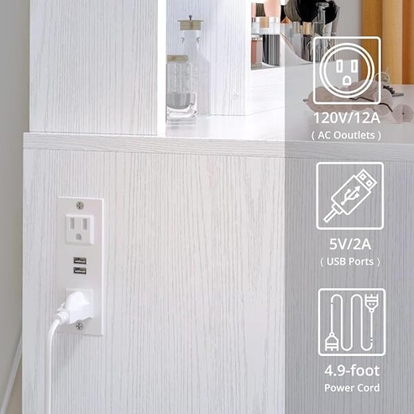 IRONCK Vanity Desk with LED Lighted Mirror & Power Outlet, Makeup Table with Drawers & Cabinet,Storage Stool,Dressing Table for Bedroom, White - Image 2