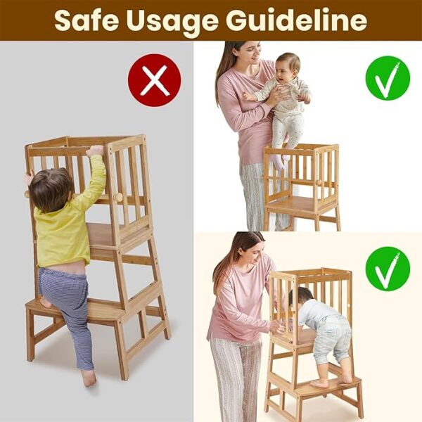 COSYLAND Kids Kitchen Step Stool，Toddler Standing Tower with CPC Certification, Removable Anti-Drop Railing Safety Rail Enjoys Unique Patented Design A Anti-tip Structure More Stable, Natural Bamboo - Image 2