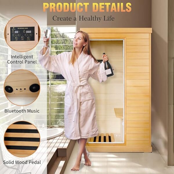 Far Infrared Sauna Home Sauna Spa Room Canadian Hemlock Wood 800W Indoor Saunas 110V with Control Panel and Tempered Glass Door, Room: 35.2 * 27.6 * 61.6Inch - Image 6