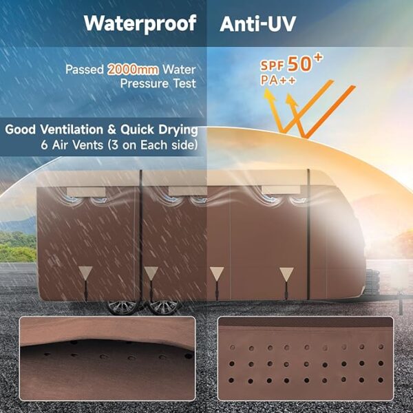 Oxford Fabric Travel Trailer RV Cover, Toy Hauler Cover Fits 27'-30' RV Heavy Duty 300D Ripstop Anti-UV Waterproof Windproof Camper Cover with Tongue Jack Cover, Extra Ropes, Brown - Image 5