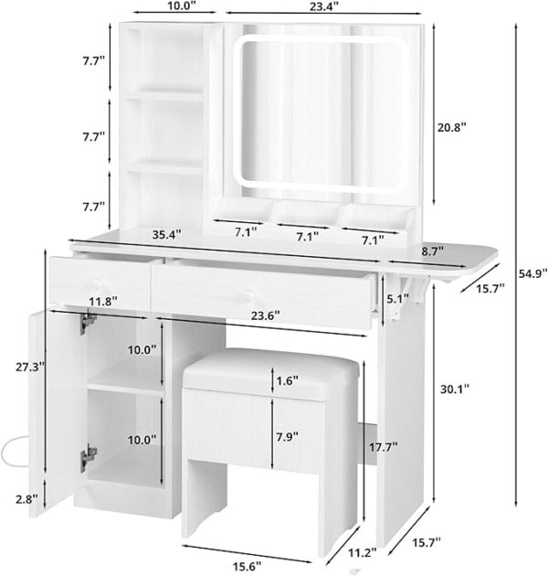 IRONCK Vanity Desk with LED Lighted Mirror & Power Outlet, Makeup Table with Drawers & Cabinet,Storage Stool,Dressing Table for Bedroom, White - Image 3
