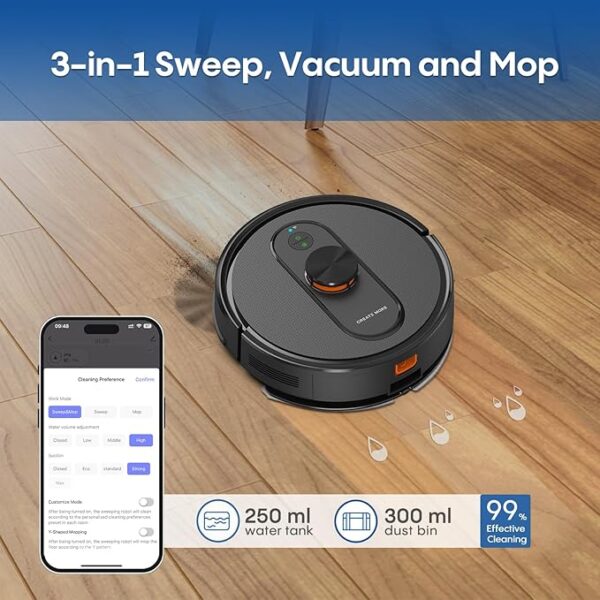 Robot Vacuum and Mop with Mapping, 5000Pa Robotic Vacuums with LiDAR Navigation,No-Go Zones,Wi-Fi/App/Alexa Control, Self-Recharging Vacuum Robot for Pet Hair,Hard Floor,Carpet - Image 5