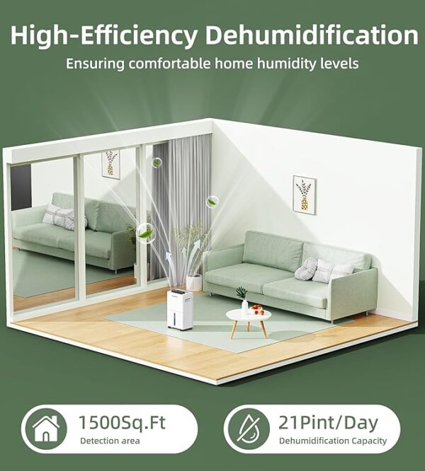 Bicepos 1500 sq.ft Dehumidifier for Basement, 21 Pints Dehumidifiers for Home with Drain Hose, Continuous Drainage, Washable Filter, Intelligent Humidistat for Bedroom, Large Room, White - Image 5