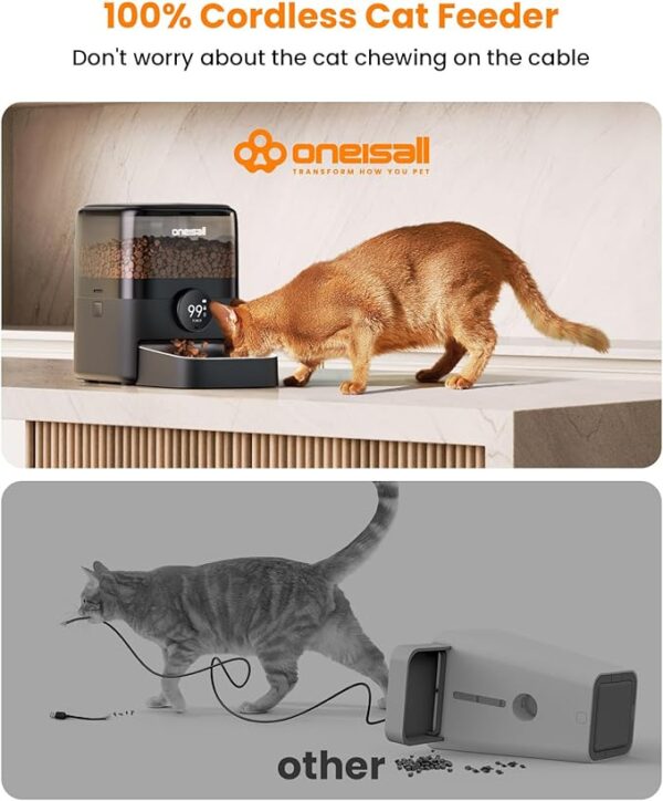 oneisall Automatic Cat Feeder, WiFi Rechargeable Cordless Pet Feeder, 100 Day Battery Operated Pet Feeder, 3L Timed Cat Food Dispenser for Large Kibble, Smart App Control, Black - Image 3