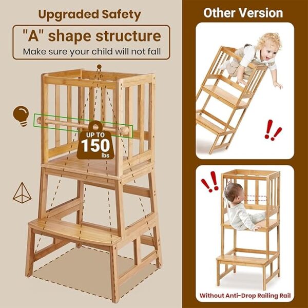 COSYLAND Kids Kitchen Step Stool，Toddler Standing Tower with CPC Certification, Removable Anti-Drop Railing Safety Rail Enjoys Unique Patented Design A Anti-tip Structure More Stable, Natural Bamboo - Image 3