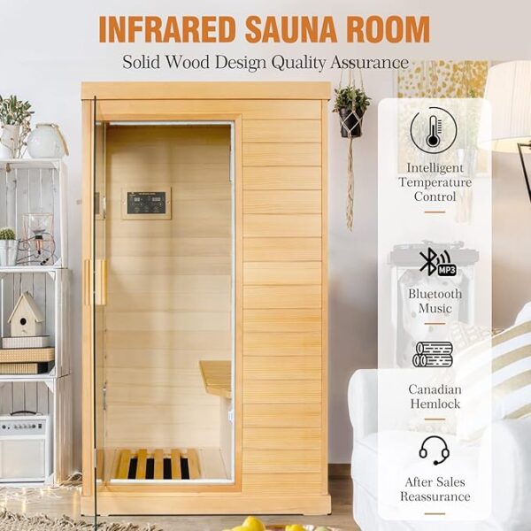 Far Infrared Sauna Home Sauna Spa Room Canadian Hemlock Wood 800W Indoor Saunas 110V with Control Panel and Tempered Glass Door, Room: 35.2 * 27.6 * 61.6Inch - Image 3