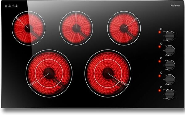Karinear 36 Inch Electric Cooktop 5 Burners, Knob Control Built-in Ceramic Cooktop, 36" Radiant Electric Stove Top, Over-Temperature Protection, Hot Surface Indicator, 220-240v, Hard Wire, No Plug