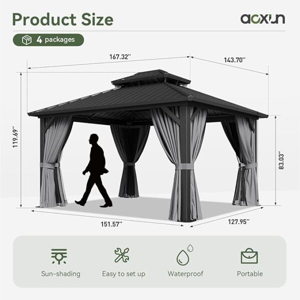 Aoxun 12'x14' Hardtop Gazebo, Aluminum Frame Canopy with Double Galvanized Steel Roof, Outdoor Metal Pavilion with Netting, Curtains for Backyard, Patio and Deck - Image 2