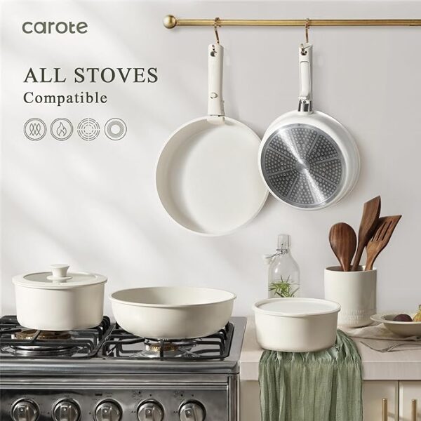 CAROTE 33pcs Pots and Pans Set Non Stick, Cookware Set, Removable Handle Pots and Pans Nonstick, RV Oven Safe Cookware, Induction Kitchen Cookware Set, Knife Set, Cream White - Image 6