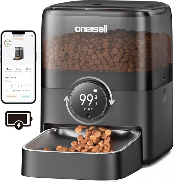 oneisall Automatic Cat Feeder, WiFi Rechargeable Cordless Pet Feeder, 100 Day Battery Operated Pet Feeder, 3L Timed Cat Food Dispenser for Large Kibble, Smart App Control, Black
